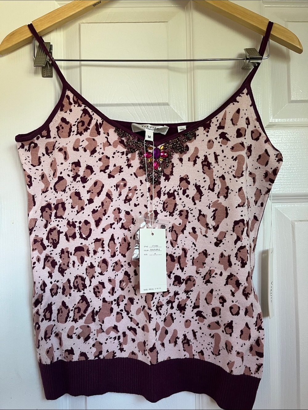 NWT. Vertigo Paris Pink Leopard Print Jewel-Trim Camisole